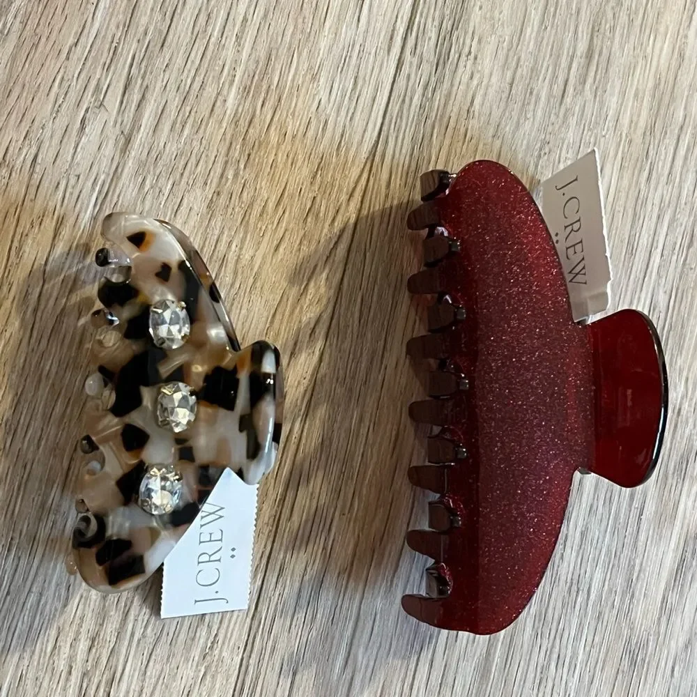 Bundle J Crew Women's Glitter & Rhinestone Claw Hair Clip Berry Red Leopard Tan